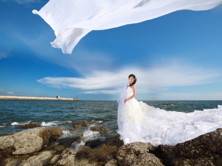 Asian bride - rocks, model, beach, bride, woman