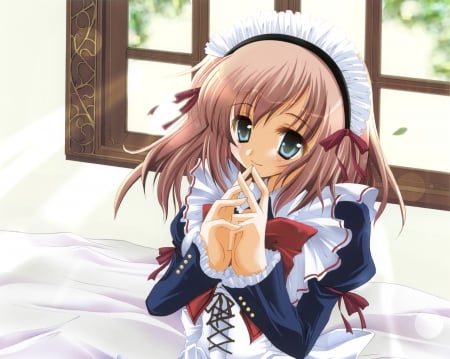 Lil' Maid - pretty, anime, kawaii, female, window, dress, long hair, ribbon, nice, anime girl, hot, girl, blush, lovely, brown hair, maid, sweet, shy, cute, sexy