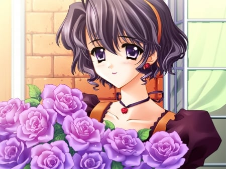 Purple Roses - purple eyes, flower, rose, cute, bouquet, hot, anime girl, girl, floral, pretty, short hair, sweet, brown hair, anime, dress, nice, lovely, sexy, female