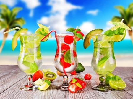 Mojitos drinks - nice, sky, freshness, beach, tropics, sun, blur, colorful, pretty, cool, clouds, drink, palm tree, fruits, cocktail, palms, tropical, lovely, exotic, mojitos, beautiful, sea