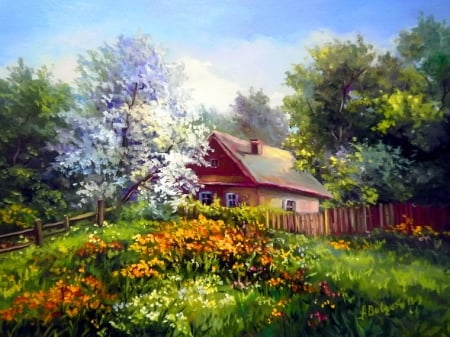 Spring countryside - nice, sky, trees, paradise, flowering, countryside, spring, calm, painting, quiet, art, pretty, blossoms, house, blooming, yard, lovely, serenity, nature, village, beautiful, flowers