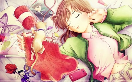 Mouri Ran - sleeping, nice, female, hot, anime girl, brown hair, pretty, anime, cute, ran mouri, detective conan, ran, sexy, lying, cat, girl, kitty, long hair, mouri, mouri ran, lovely, kitten, candy, sleep, sweet