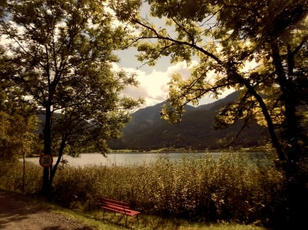 As in earlier Days - mountain, summer, mountains, sommer, bench, clear, september, bergsee, warm, kisel, austria, sephia