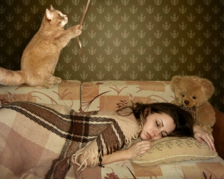 Time to wake up - woman, sleeping, cat, pet, cute