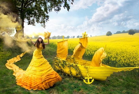 Yellow - woman, ship, model, dress, yelllow