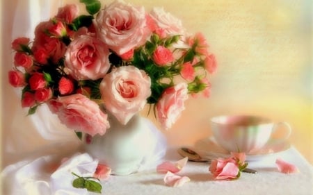 roses & tea time - tea time, flowers, still life, roses