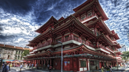 fantastic temple in singapore hdr - people, clouds, temple, city, hdr