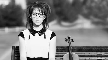 Portrait of a Violinist - portrait, glasses, black, violin, violinist, girl, white, bench, outside, music