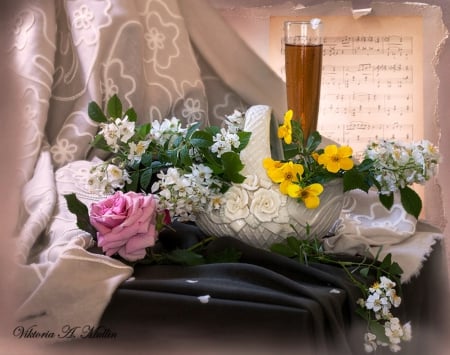 Still life - roses, porcelain, flower arrangement, spring, pink, flowers, music, fruit, art, artist, vase, abstract, photography, sheet music, colors, still life, flower, basket, white, tulips, champagne, photographer, arrangement, soft, gift, apple, glass