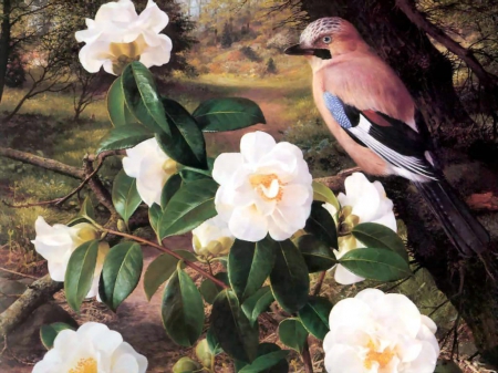 BIRD IN FANTASY GARDEN - natural scene, gardens, fantasy, lovely, bushes, pink, beautiful, leaves, magnolia, flowers, birds, wjite