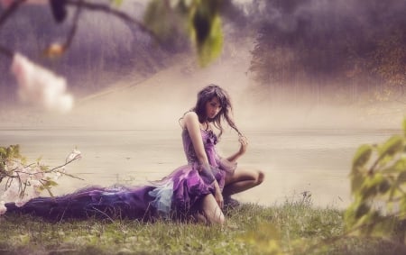 Nature Sadness - purple, digital, wallpaper, beautiful, girl, nature, woman, art