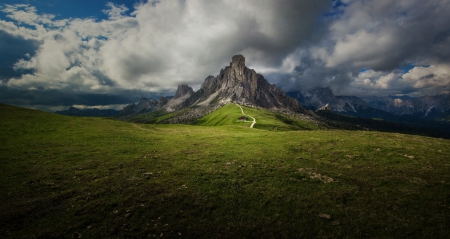 Passo Giau - clouds, Alps, green, landscape, grass, Dolomites, sky