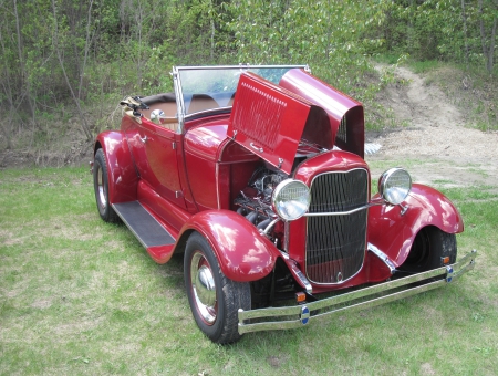 1929 Ford Model A roadster - red, headlights, ford, nickel, grills, black, photography, tires