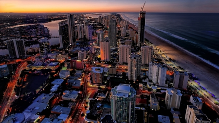 Gold coast - sunset, beach, city lights, ocean, cityscape, buildings