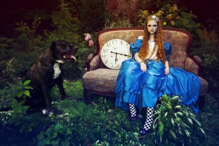 Alice with the Dog - garden, model, dog, clock, alice