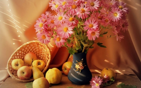 Still Life - flowers, vase, basket, apples, nature, fruits