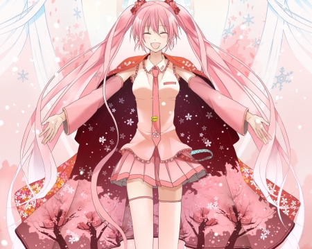 Sakura Miku - female, hot, joy, anime girl, petals, anime, miku, cute, hatsune miku, sexy, girl, twintails, long hair, pink hair, sakura miku, vocaloids, hatsune, excited, sakura, vocaloid, smile, happy