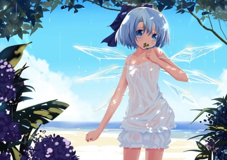 Out of Water - sky, female, hot, wings, anime girl, touhou, cloud, anime, cute, short hair, sexy, girl, blue eyes, wet, blue hair, hd, kawaii, wing, fairy, cirno