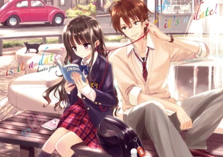 â™¡ It's a Date â™¡ - nice, lover, female, headphone, anime girl, brown hair, car, pretty, anime, romance, short hair, handsome, love, male, couple, cat, girl, kitty, long hair, bag, lovely, kitten, romantic, boy, sweet, guy