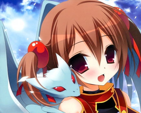 Silica n Pina - pretty, anime, kawaii, female, long hair, pet, sword art online, hd, chibi, sao, nice, silica, anime girl, twintails, girl, lovely, brown hair, sweet, red eyes, cute, pina, close up