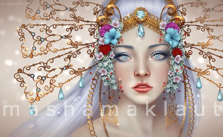 ~Innocence is Worth~ - magic, female, eyes, drawings, white hair, flowers, face, diamonds, beautiful, paintings, digital art, models, hair, girls, wonderful, fantasy, lips, lady, woman, bright, jewelry, innocence, worth