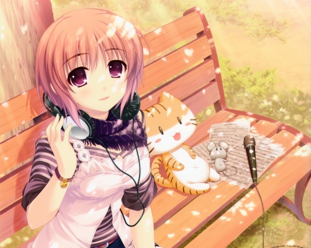 Music Lyrics - female, hot, toy, anime girl, bench, brown hair, lyric, anime, cute, sexy, cat, girl, kitty, kitten, hd, sheet, microphone, headphones, paper, mouse