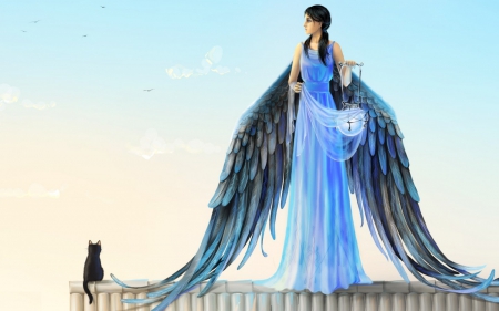 Light Angel - bird, blue, dress, angel, light, joya filomena, animal, roof, brunette, sky, girl, feather, lantern, cat, creature, black, fantasy, white, woman, wings, cloud, day