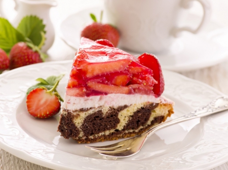 Fruit cake - cake, strawberry, fork, delicious, food, plate, fruit