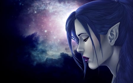 Elf beauty - woman, beauty, sky, elf, girl, space, fantasy, purple, blue, creature, pink