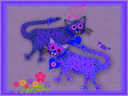 â™¥ Blue Cats â™¥ - love, cat, animals, bird, painting, hearts, artwork, cats, flowers