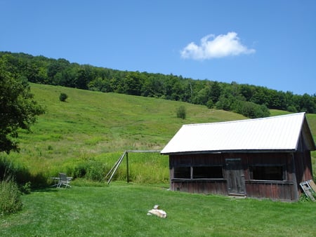 Out doors - hill, green, old, cloud, out side, shed, peaceful