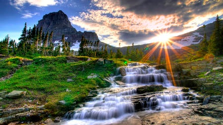 amazing sunset - river, sunset, waterfall, green, natura