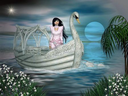 Swan Boat - sky, fantasy, water, boat, flowers, girl, abstract