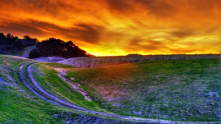 Sunset Soon Forgotten - moon, purple, road, earth, sun, sky