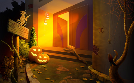 Happy Halloween - spider, house, pumpkins, broom, light, home, witch, door, front door, spider web, jack o lanterns