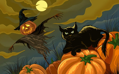 Black Cat and Scarecrow - black cat, scarecrow, pumpkins, halloween, full moon, night