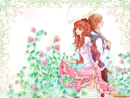 Flowers couple - flowers, cartoon, romantic, couple, love