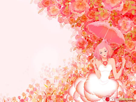 Pink Umbrella - girl, umbrella, flower, pink