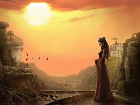 FANTASY BEAUTY - sunset, girl, birds