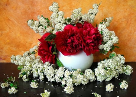 Spring still life - red, delicate, pretty, beautiful, flowers, tender, spring, bouquet, vase, still life, fresh, freshness, nice, lovely