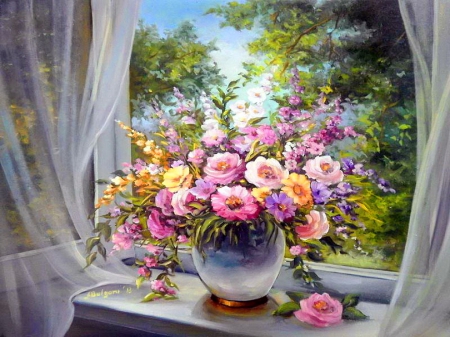 Spring bouquet - nice, freshness, trees, fragrance, room, colorful, bouquet, still life, spring, painting, view, art, window, pretty, petals, scent, fresh, summer, lovely, vase, beautiful