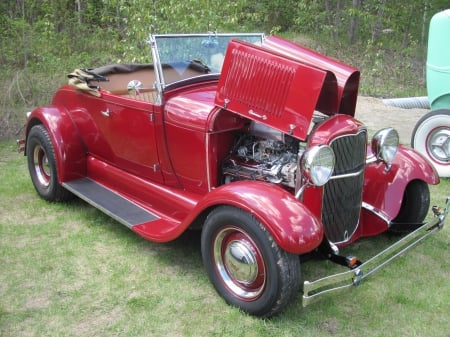 1929 Ford Model A roadster - grills, headlights, red, photography, ford