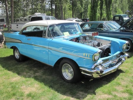 Chevrolet 1957 Bel Air  - white, headlights, engine, photography, Chevrolet, Blue