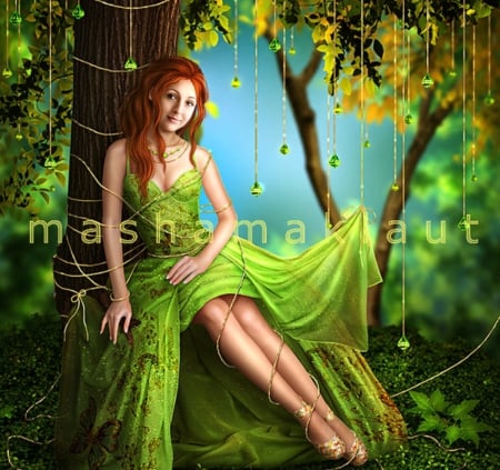 ~Green Captive~ - girls, woman, photomanipulation, captive, models, redhead, trees, female, animals, hair, fantasy, gorgeous, diamonds, pretty, digital art, green, grass, jewelry, lady, magical, necklace, lovely, plants, bird, bright, glow, charm, weird things people wear, beautiful, splendor, flowers, dress