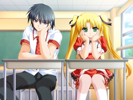 â™¡ Love or Hate â™¡ - nice, lover, female, hot, blond, anime girl, angry, blond hair, pretty, blonde hair, classroom, table, anime, cute, handsome, love, male, sexy, couple, girl, desk, twintails, long hair, lovely, bored, class, chair, green eyes, boy, sweet, blonde, guy