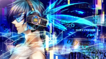 Kaito - glasses, headphone, hot, magic, sunglasses, fantasy, kaito, sparks, cool, anime, male, handsome, sexy, magical, light, vocaloids, glow, hd, abstract, vocaloid, boy, guy