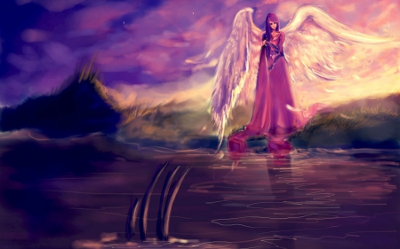 Angel - woman, lake, angel, girl, water, wings, fantasy, white, purple, river, creature, pink, feather