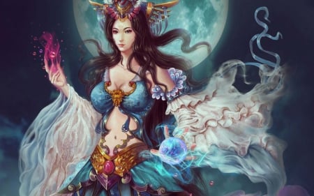 Sorceress - moon, sorceress, game, blue, girl, beauty, night, light, pink, dark, fantasy, white, jade dynasty, woman, princess, asian