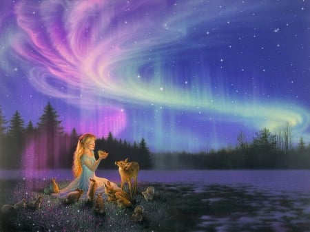 Spring feelings - pretty, quiet, summer, romantic, amazing, evening, blonde, spring, night, stars, calmness, shore, lake, nice, art, sky, trees, beautiful, girl, lovely, love, colorful, fantasy, nature, lady, feelings, woman, painting, fairy, dusk, animals