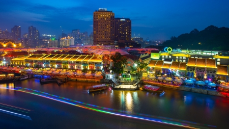 riverside nightlife in singapore - colorful, river, lights, city, restaurants